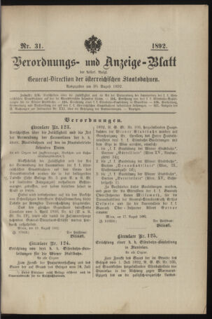 Verordnungs- und Anzeige-Blatt der k.k. General-Direction der österr. Staatsbahnen 18920830 Seite: 1