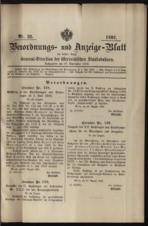 Verordnungs- und Anzeige-Blatt der k.k. General-Direction der österr. Staatsbahnen 18920910 Seite: 1