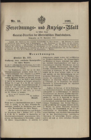 Verordnungs- und Anzeige-Blatt der k.k. General-Direction der österr. Staatsbahnen 18920920 Seite: 1