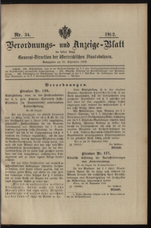 Verordnungs- und Anzeige-Blatt der k.k. General-Direction der österr. Staatsbahnen 18920930 Seite: 1