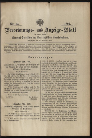 Verordnungs- und Anzeige-Blatt der k.k. General-Direction der österr. Staatsbahnen 18921010 Seite: 1