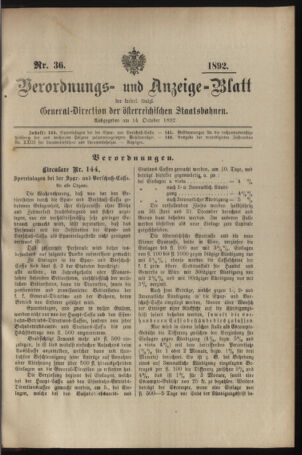 Verordnungs- und Anzeige-Blatt der k.k. General-Direction der österr. Staatsbahnen 18921014 Seite: 1