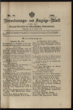 Verordnungs- und Anzeige-Blatt der k.k. General-Direction der österr. Staatsbahnen 18921031 Seite: 1