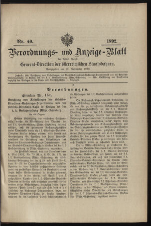 Verordnungs- und Anzeige-Blatt der k.k. General-Direction der österr. Staatsbahnen 18921118 Seite: 1