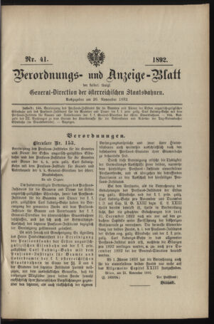 Verordnungs- und Anzeige-Blatt der k.k. General-Direction der österr. Staatsbahnen 18921126 Seite: 1