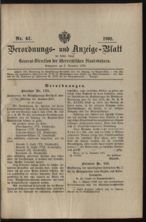 Verordnungs- und Anzeige-Blatt der k.k. General-Direction der österr. Staatsbahnen 18921203 Seite: 1