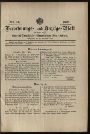 Verordnungs- und Anzeige-Blatt der k.k. General-Direction der österr. Staatsbahnen 18921217 Seite: 1