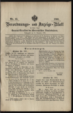 Verordnungs- und Anzeige-Blatt der k.k. General-Direction der österr. Staatsbahnen 18921231 Seite: 1