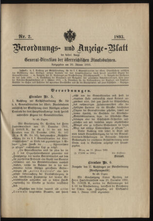 Verordnungs- und Anzeige-Blatt der k.k. General-Direction der österr. Staatsbahnen 18930120 Seite: 1