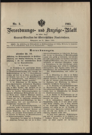 Verordnungs- und Anzeige-Blatt der k.k. General-Direction der österr. Staatsbahnen 18930121 Seite: 1