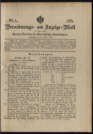 Verordnungs- und Anzeige-Blatt der k.k. General-Direction der österr. Staatsbahnen 18930131 Seite: 1