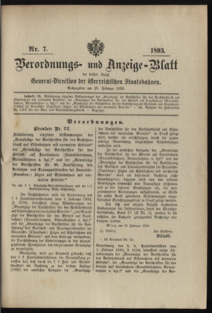 Verordnungs- und Anzeige-Blatt der k.k. General-Direction der österr. Staatsbahnen 18930225 Seite: 1