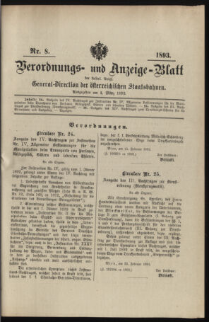 Verordnungs- und Anzeige-Blatt der k.k. General-Direction der österr. Staatsbahnen 18930304 Seite: 1