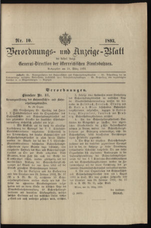 Verordnungs- und Anzeige-Blatt der k.k. General-Direction der österr. Staatsbahnen 18930318 Seite: 1