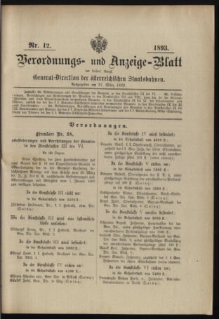 Verordnungs- und Anzeige-Blatt der k.k. General-Direction der österr. Staatsbahnen 18930327 Seite: 1