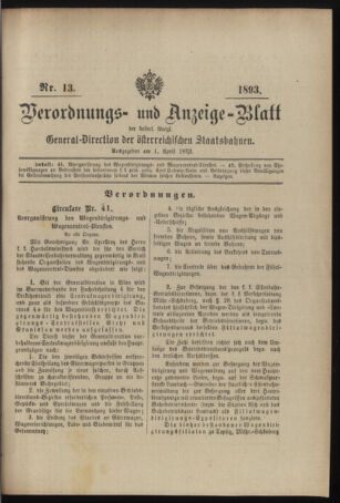 Verordnungs- und Anzeige-Blatt der k.k. General-Direction der österr. Staatsbahnen 18930401 Seite: 1