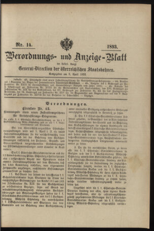 Verordnungs- und Anzeige-Blatt der k.k. General-Direction der österr. Staatsbahnen 18930408 Seite: 1