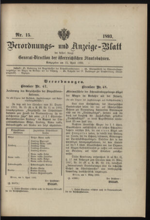 Verordnungs- und Anzeige-Blatt der k.k. General-Direction der österr. Staatsbahnen 18930415 Seite: 1