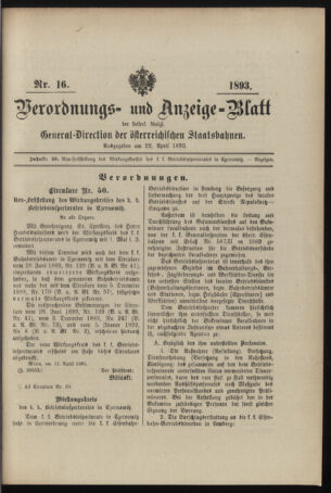 Verordnungs- und Anzeige-Blatt der k.k. General-Direction der österr. Staatsbahnen 18930422 Seite: 1