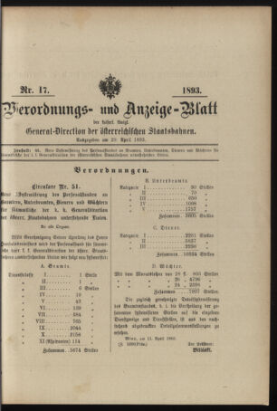 Verordnungs- und Anzeige-Blatt der k.k. General-Direction der österr. Staatsbahnen 18930429 Seite: 1