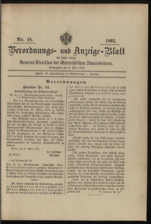 Verordnungs- und Anzeige-Blatt der k.k. General-Direction der österr. Staatsbahnen 18930506 Seite: 1