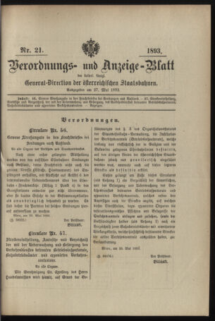 Verordnungs- und Anzeige-Blatt der k.k. General-Direction der österr. Staatsbahnen 18930527 Seite: 1