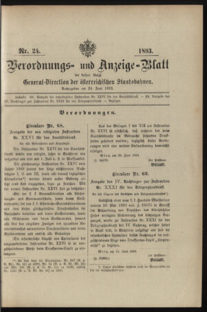 Verordnungs- und Anzeige-Blatt der k.k. General-Direction der österr. Staatsbahnen 18930624 Seite: 1