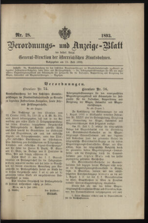 Verordnungs- und Anzeige-Blatt der k.k. General-Direction der österr. Staatsbahnen 18930715 Seite: 1