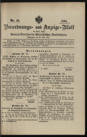 Verordnungs- und Anzeige-Blatt der k.k. General-Direction der österr. Staatsbahnen 18930722 Seite: 1