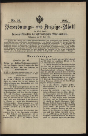 Verordnungs- und Anzeige-Blatt der k.k. General-Direction der österr. Staatsbahnen 18930729 Seite: 1