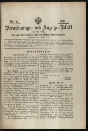 Verordnungs- und Anzeige-Blatt der k.k. General-Direction der österr. Staatsbahnen 18930805 Seite: 1