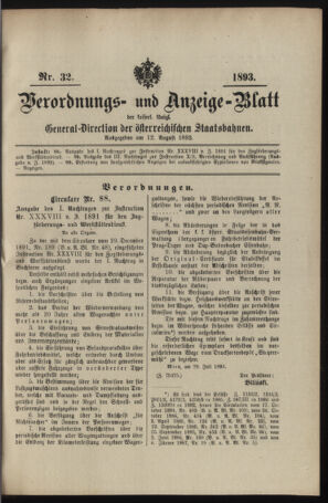 Verordnungs- und Anzeige-Blatt der k.k. General-Direction der österr. Staatsbahnen 18930812 Seite: 1