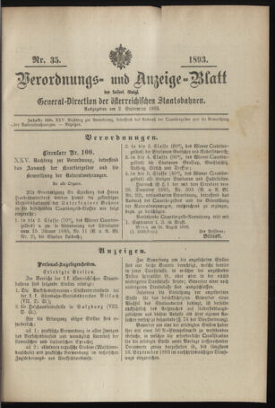 Verordnungs- und Anzeige-Blatt der k.k. General-Direction der österr. Staatsbahnen 18930902 Seite: 1