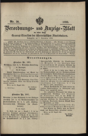 Verordnungs- und Anzeige-Blatt der k.k. General-Direction der österr. Staatsbahnen 18930909 Seite: 1