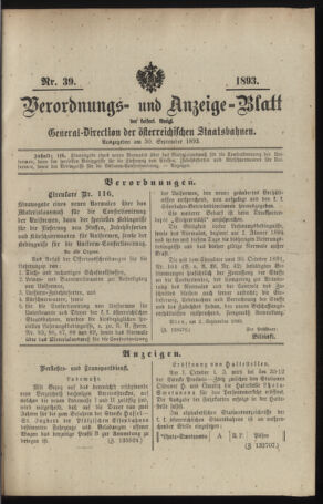 Verordnungs- und Anzeige-Blatt der k.k. General-Direction der österr. Staatsbahnen 18930930 Seite: 1