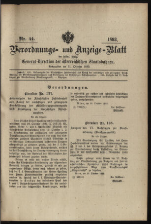 Verordnungs- und Anzeige-Blatt der k.k. General-Direction der österr. Staatsbahnen 18931031 Seite: 1