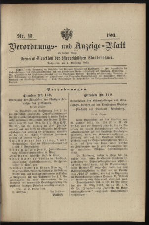 Verordnungs- und Anzeige-Blatt der k.k. General-Direction der österr. Staatsbahnen 18931104 Seite: 1