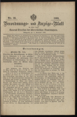 Verordnungs- und Anzeige-Blatt der k.k. General-Direction der österr. Staatsbahnen 18931111 Seite: 1