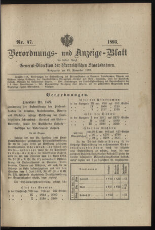 Verordnungs- und Anzeige-Blatt der k.k. General-Direction der österr. Staatsbahnen 18931118 Seite: 1