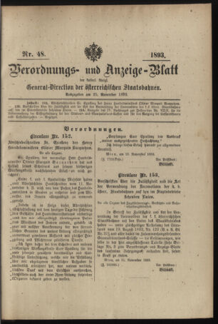 Verordnungs- und Anzeige-Blatt der k.k. General-Direction der österr. Staatsbahnen 18931125 Seite: 1