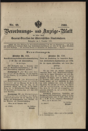 Verordnungs- und Anzeige-Blatt der k.k. General-Direction der österr. Staatsbahnen 18931202 Seite: 1