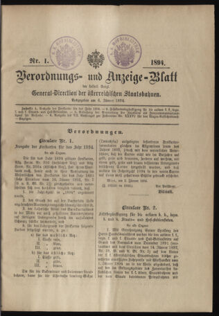 Verordnungs- und Anzeige-Blatt der k.k. General-Direction der österr. Staatsbahnen 18940106 Seite: 1