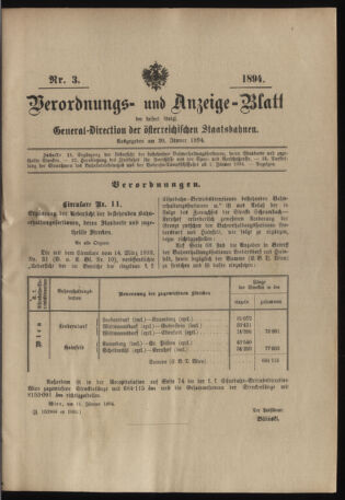 Verordnungs- und Anzeige-Blatt der k.k. General-Direction der österr. Staatsbahnen 18940120 Seite: 1