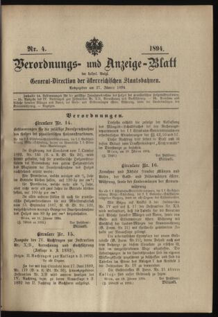 Verordnungs- und Anzeige-Blatt der k.k. General-Direction der österr. Staatsbahnen 18940127 Seite: 1