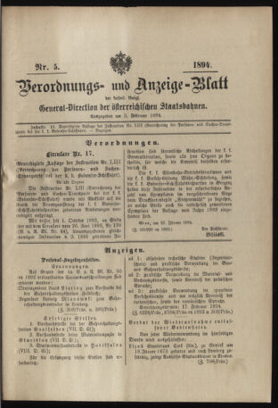 Verordnungs- und Anzeige-Blatt der k.k. General-Direction der österr. Staatsbahnen 18940203 Seite: 1