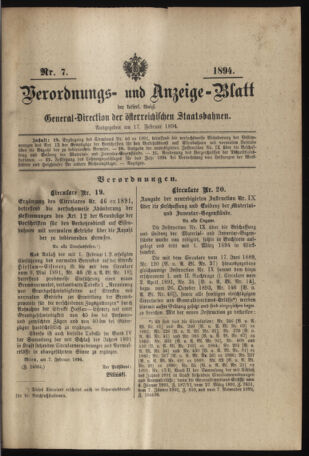 Verordnungs- und Anzeige-Blatt der k.k. General-Direction der österr. Staatsbahnen 18940217 Seite: 1