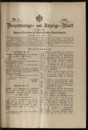 Verordnungs- und Anzeige-Blatt der k.k. General-Direction der österr. Staatsbahnen 18940224 Seite: 1