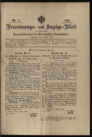 Verordnungs- und Anzeige-Blatt der k.k. General-Direction der österr. Staatsbahnen 18940303 Seite: 1