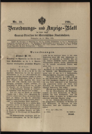 Verordnungs- und Anzeige-Blatt der k.k. General-Direction der österr. Staatsbahnen 18940310 Seite: 1