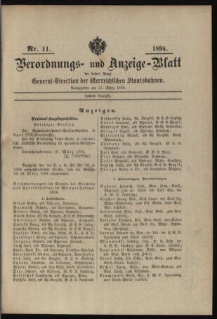 Verordnungs- und Anzeige-Blatt der k.k. General-Direction der österr. Staatsbahnen 18940317 Seite: 1